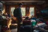 Fototapeta Tęcza - A young boy moves to college. He stands in the dormitory hallway amidst packed suitcases and boxes