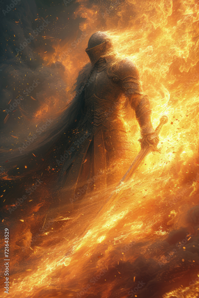 An armored warrior with a fiery sword in the center of a whirlwind of ...