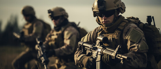 Wall Mural - A group of soldiers with weapons on a mission. Close-up of one of the soldiers from the group