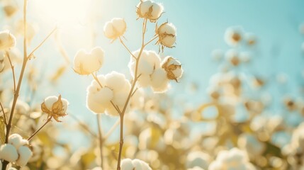 Wall Mural - Sunlight streams over a field of cotton, highlighting the fluffy texture of the bolls against a bright blue sky