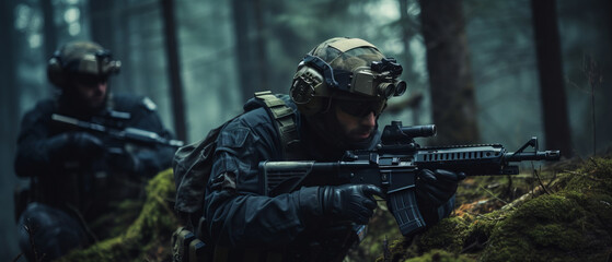 Wall Mural - A group of soldiers with weapons on a mission. Close-up of one of the soldiers from the group