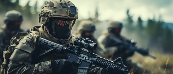 A group of soldiers with weapons on a mission. Close-up of one of the soldiers from the group