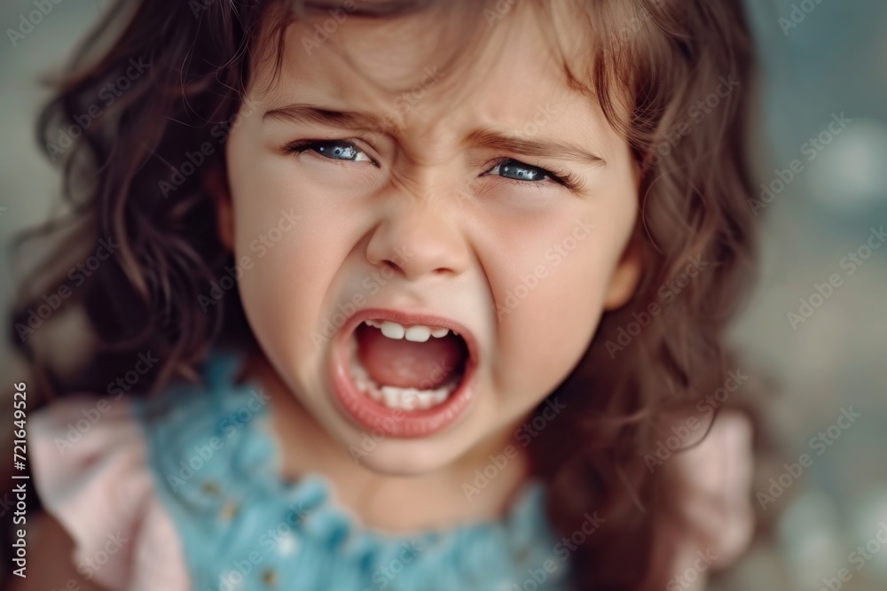 portrait of a crying and shouting emotional child, The intense facial expression of the child crying out in discomfort is both vivid and raw, capturing a genuine moment of childhood distress..