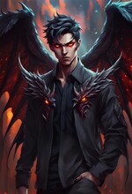 Portrait Of Anime Boy With Red Eyes And Demon Wings