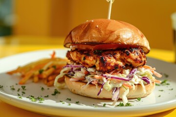 Wall Mural - Colorful Delight: Juicy Grilled Chicken Burger with Purple Cabbage on a Sunny Yellow Background - A Mouthwatering Feast for the Senses.