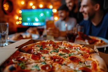 Wall Mural - Savoring the Game. Pizza Lovers Enjoying a Bite in a Restaurant with Soccer on TV. 