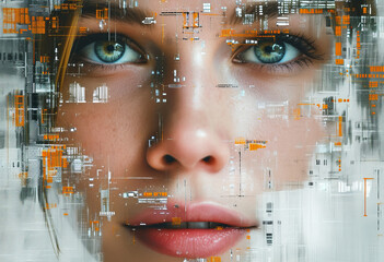 Poster - Portrait of a futuristic android woman with advanced technology data overlay
