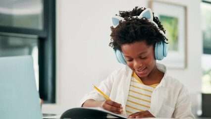 Poster - Boy, child and wave for video call on laptop, e learning and homeschooling for education on technology. Black male person, kid and headphones for online class, greeting and writing notes in book