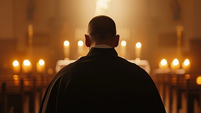 Back view of man praying in church