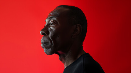 Professional side profile portrait of a middle aged man on a red background