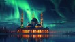 a mosque surrounded by the ethereal glow of the aurora borealis on a peaceful night