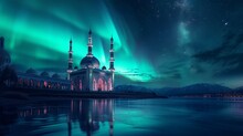 A Mosque Against The Backdrop Of A Tranquil Night, With The Mesmerizing Northern Lights, The Aurora Borealis