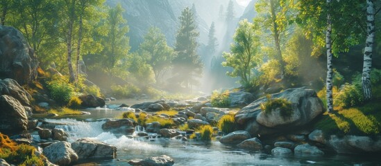 Poster - Mesmerizing Landscape: Rocks, River, and Forest - Nature's Harmony in Rocks, River, and Forest, Capturing the Serenity of Rocks, River, and Forest