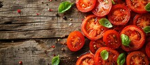 Fresh, Healthy Tomato Salad Served On A Rustic Wooden Table: Fresh, Healthy Tomato Slices Laid Out On A Rustic Wooden Table For A Wholesome Snack.