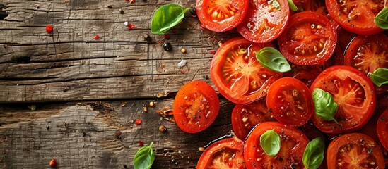 Wall Mural - Fresh, Healthy Tomato Salad Served on a Rustic Wooden Table: Fresh, Healthy Tomato Slices Laid Out on a Rustic Wooden Table for a Wholesome Snack.