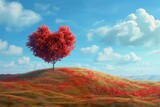 Fototapeta Zachód słońca - red tree of love in red flower field pragma