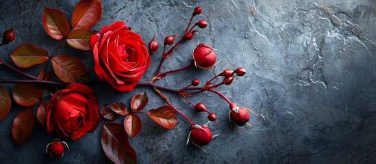 Wall Mural - Stunning Red Rose Branch with Vibrant Hips on Granite Background
