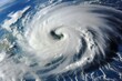 Space view of a hurricane, tornado swirl of clouds and wind. Climate change concept. a storm front of bad weather and natural disaster. tropical storm, cyclone, over ocean.