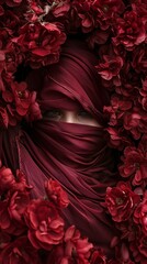 Wall Mural - Mysterious Eyes Peering from Floral Burgundy Veil