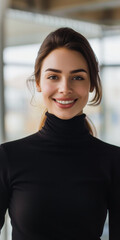 Wall Mural - beautiful young woman in black turtleneck top smiling in an office, generative AI