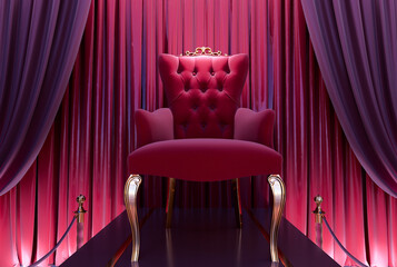 Wall Mural - 3d render of a red king throne on a red curtains background, vip concept