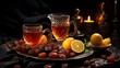 Ramadan lanterns and a plate of dates fruits on the table for ramadan kareem dark background.