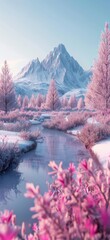 Sticker - A fantasy landscape with beautiful views of nature, trees, and mountains, in a vertical wallpaper orientation. 