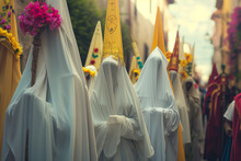 Penitents And Nazarenes In Colors, Holy Week Procession For Christian Easter, Festivities In A Religious Town With Hooded People