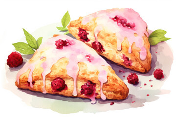 Wall Mural - Delicious Homemade Sweet Pastry Cake: A Tasty and Fresh Berry Delight on a Wooden Plate with Creamy Slice, Red Cherry, and Blueberry Filling.