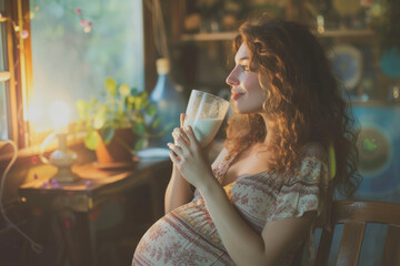 Wall Mural - a pregnant woman drinking glass of milk