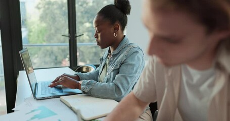 Aufkleber - Students, learning and planning on laptop for classroom research, project ideas and brainstorming of statistics. People in university or college typing report for graphs, charts solution or studying