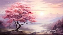 Romantic Twilight Scene Painted In Watercolors, Featuring A Delicate Tree In Bloom Under A Soft, Fading Sunlight