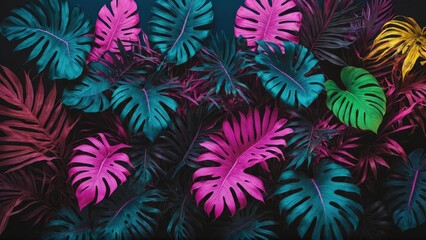 Tropical leaves in a neon glow of pink, blue, yellow, green, lying on a dark surface, 3D rendered to highlight aesthetic beauty