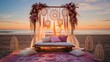 © PRI - Bohemian wedding setup with a hand-painted sign, colorful dream catchers, and a backdrop of a sunset beach