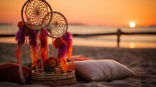 Bohemian Wedding Setup With A Hand-painted Sign, Colorful Dream Catchers, And A Backdrop Of A Sunset Beach