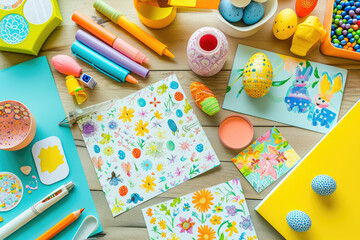 Easter egg decorating session with an assortment of painted eggs, markers, and craft materials spread out on a bright table.