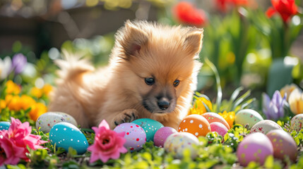 Wall Mural - An adorable puppy explores a garden full of colorful Easter eggs and blooming spring flowers in bright sunlight.

