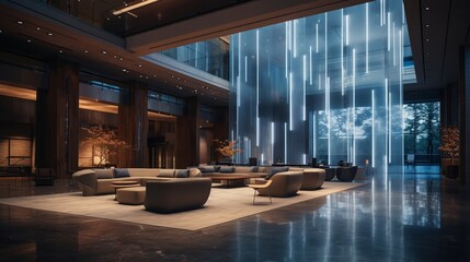 Wall Mural - High-tech corporate lobby with minimalist design, interactive light installations, and a tranquil indoor waterfall