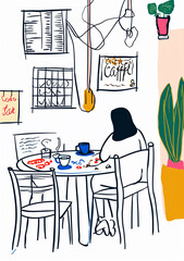 A simple illustration eating at a dining table