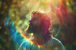 portrait of Jesus Christ with glowing colorful halo light around head, nature background