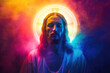 portrait of Jesus Christ with glowing colorful halo light around head, heaven background