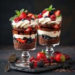 Strawberry trifle, layered parfait dessert with chocolate sponge biscuit , whipped cream and fresh berries. Summer breakfast dessert in glass
