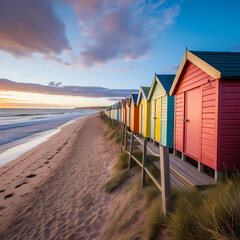 Sticker - A row of colorful beach huts along the shore.