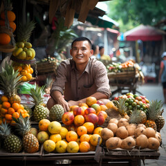 Canvas Print - A street vendor selling exotic fruits in a market.