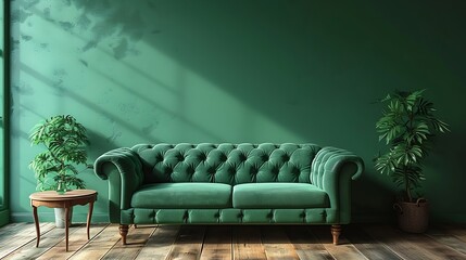 Aufkleber - Generative AI : Green sofa with table on green wall and wooden flooring.3d rendering