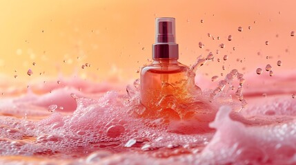 Poster - Generative AI : The bottle of moisturizing serum stands in the water waves on the pink-yellow background.