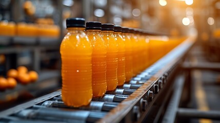 Poster - Generative AI : Orange Juice Bottles transfer on Conveyor Belt System