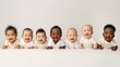 © The Little Hut - Generative AI : Row of multiethnic babies sitting side by side looking away isolated on gray background