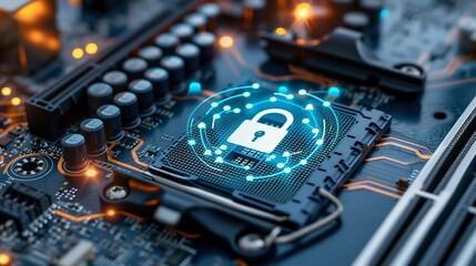 Poster - Advanced Cybersecurity Concept with Encrypted Chip. Generative ai