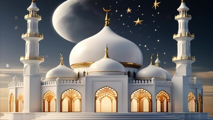 Wall Mural - Ramadan Decoration mosque door, gold month and vintage lantern, seamless looping time-lapse virtual video background animation.